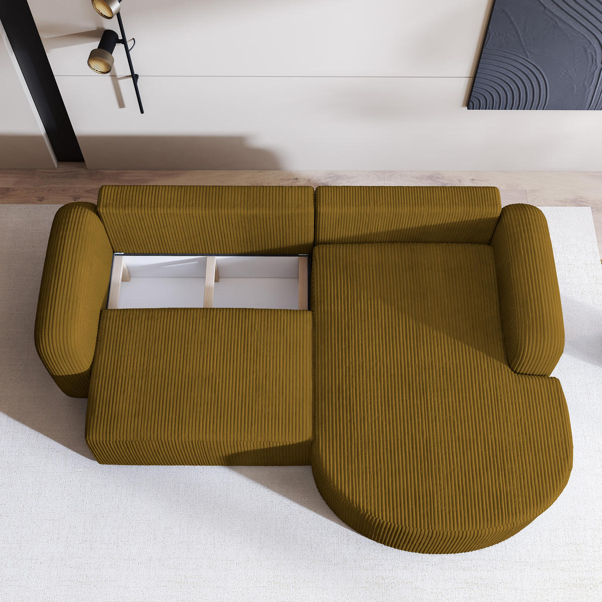 ECKSOFA AMILIA P R-S Gelb Kordstoff mit Schlaffunktion - Gelb, Holz (263/174cm) - MASSENO