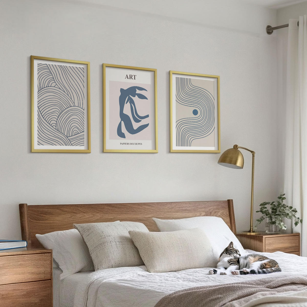 WANDBILDER 3er Set - 40x60 cm Goldrahmen - Abstrakte blaue Linien - Goldfarben, Kunststoff (40/60cm) - ArtPrintCave