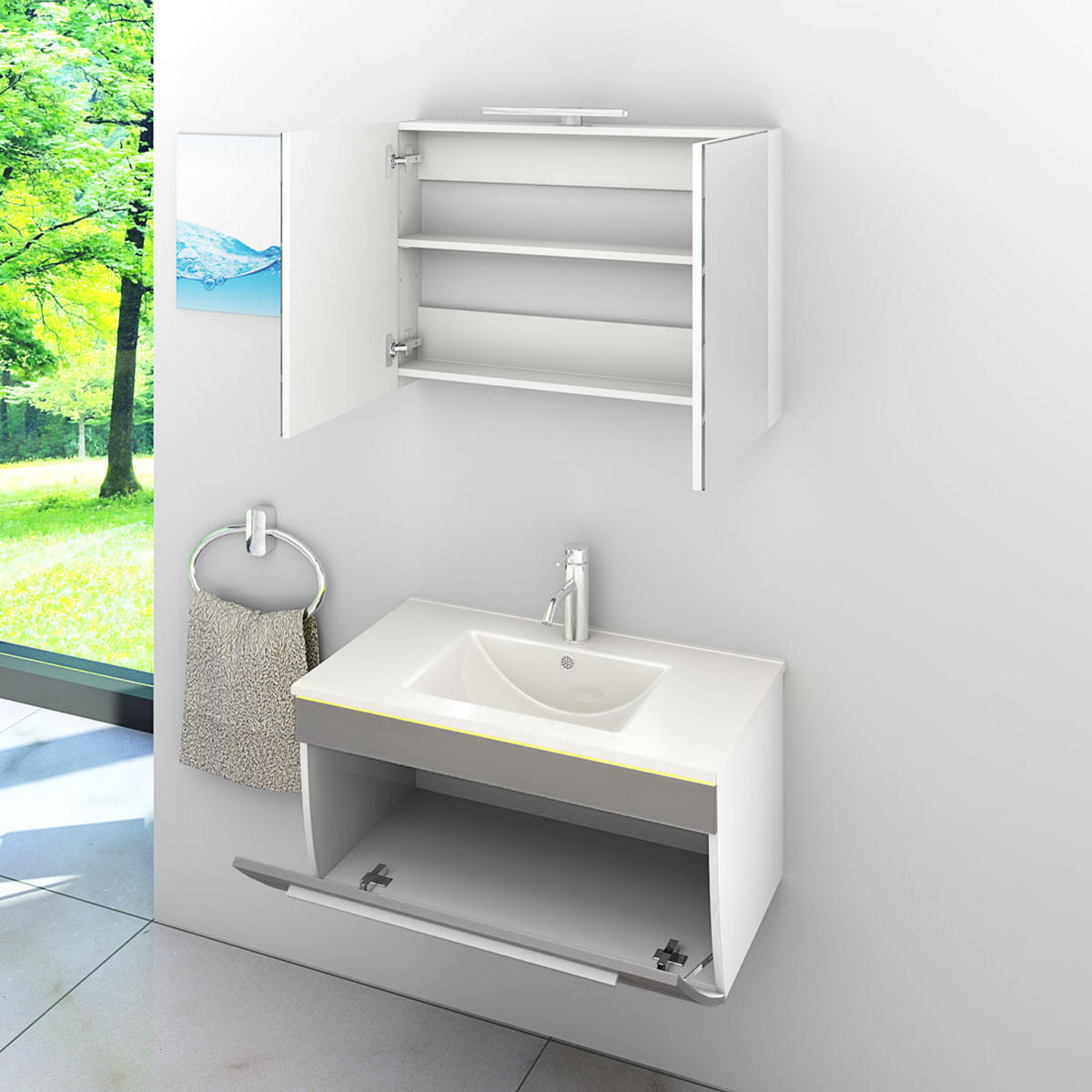 BADMÖBEL Set Gently 3 V1 Weiß/Grau MDF Waschtisch 80cm ohne LED-Beleuchtung - Grau, Glas/Kunststoff (46/52/60cm) - AcquaVapore by Sandra Jentho