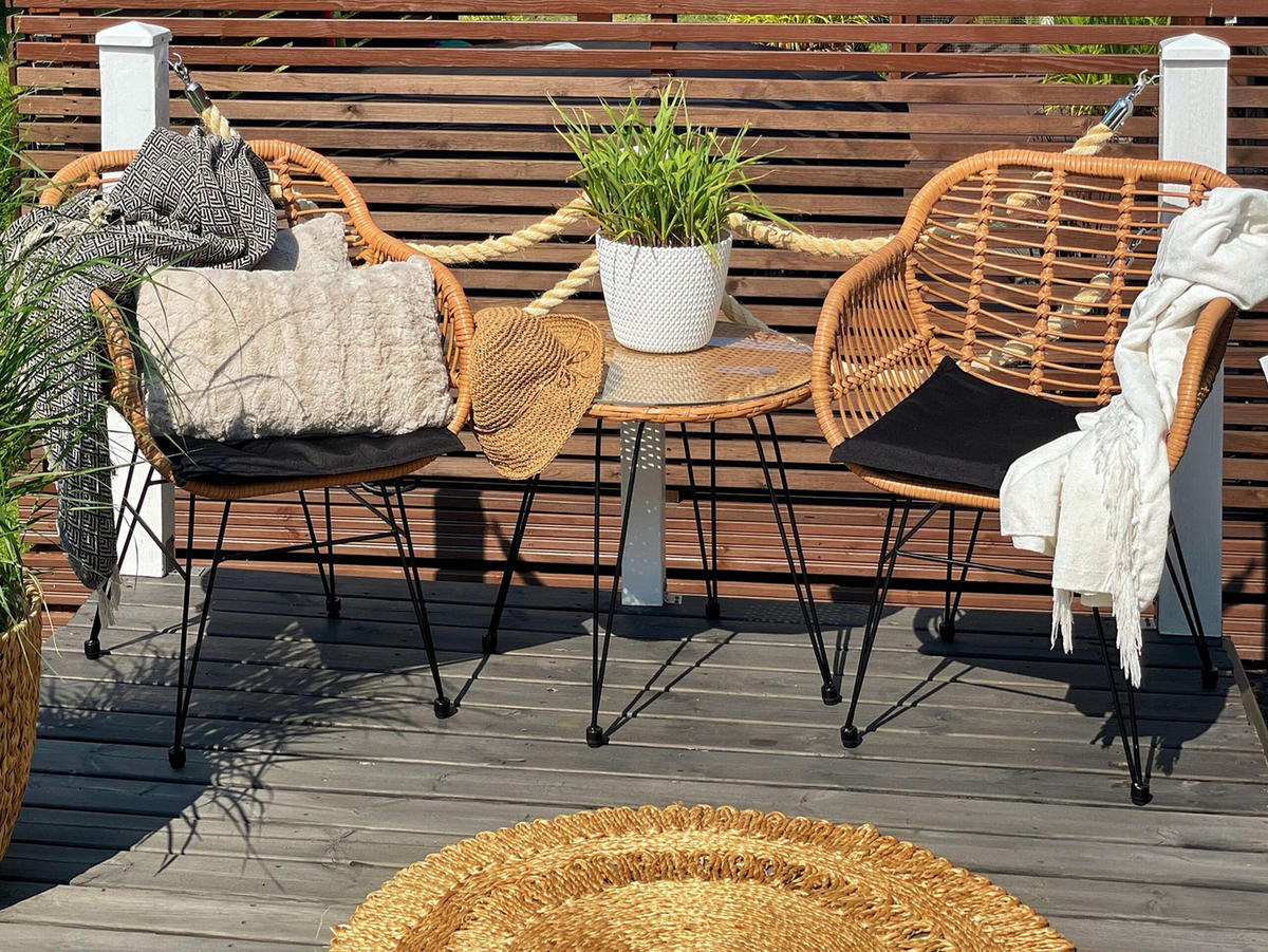 BALKONSET 2-Sitzer Rattan natürlich Auflagen schwarz Tropea II - Beige/Schwarz, Kunststoff - Beliani