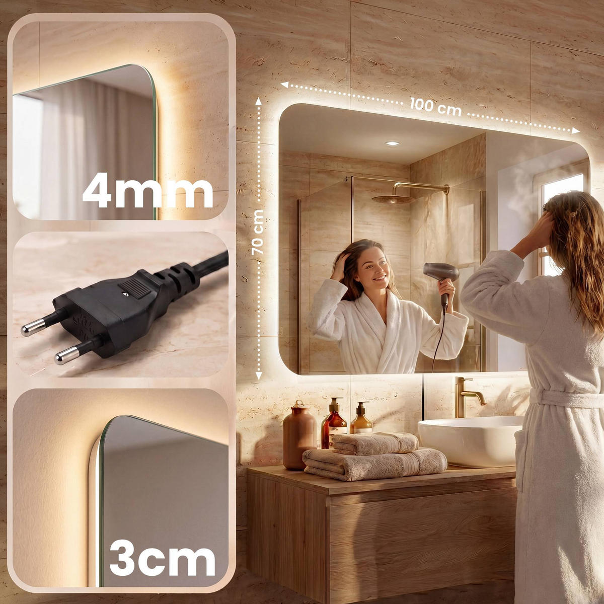 BADEZIMMERSPIEGEL eckig 100/3/70 cm Glas Klarglas - Klar, Glas (100/70/3cm) - CLP