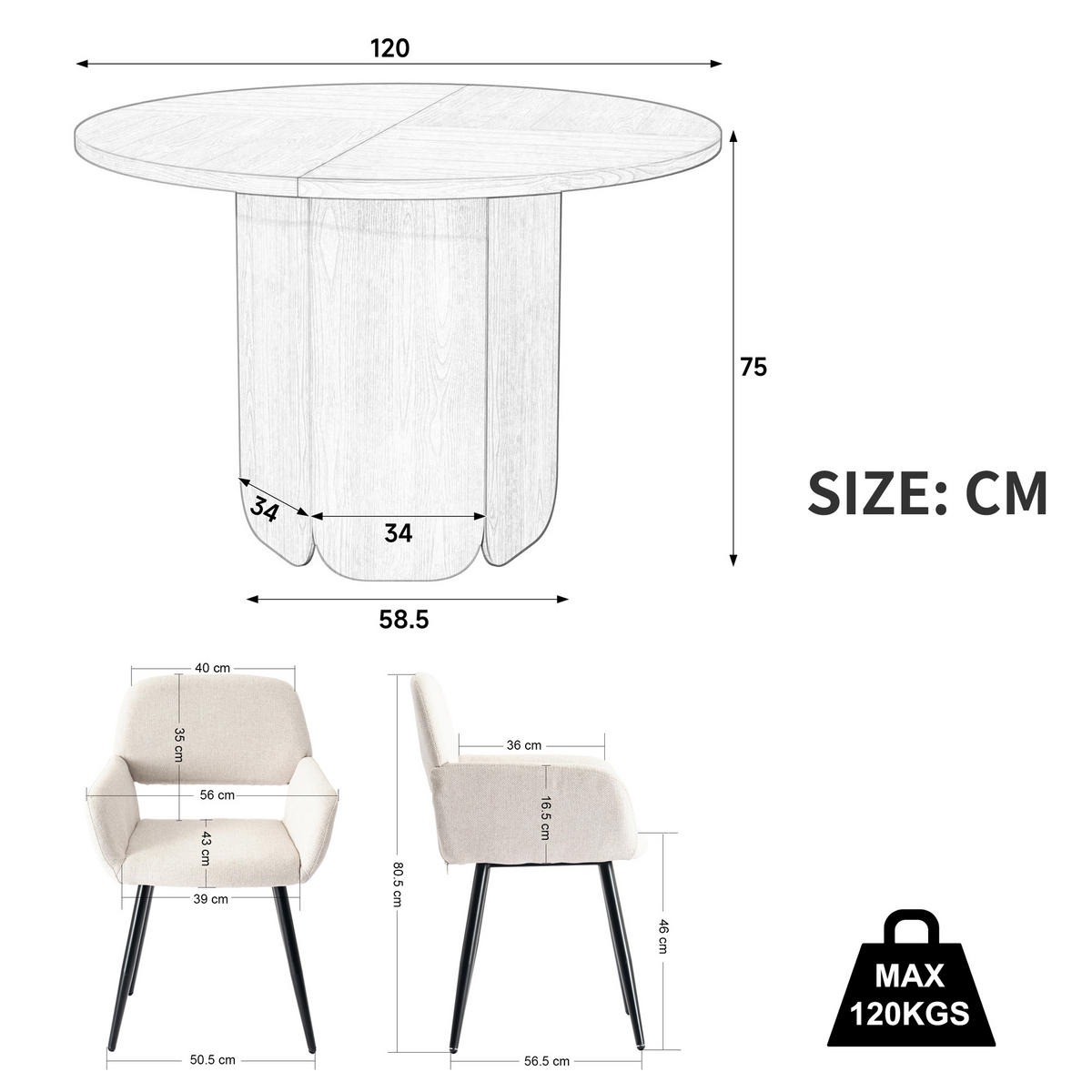 ESSGRUPPE 1+2 Runder Tisch 120cm Eiche & 2 beige Esszimmerstühle mit Armlehnen - Eichefarben, Holzwerkstoff (120/75/120cm) - Urban Meuble