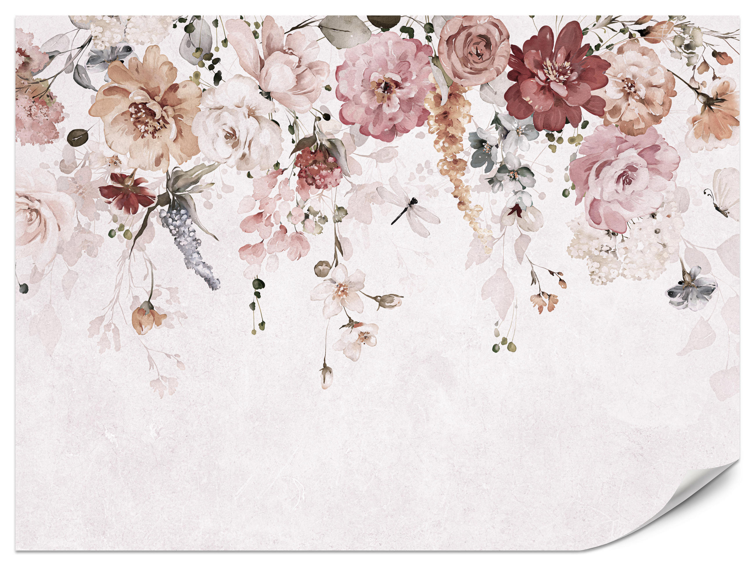 FOTOTAPETE für Schlafzimmer Aquarell Bunte Blumen Ranken Blätter 400x280 - Rot/Rosa, Papier (400/280cm) - Muralo