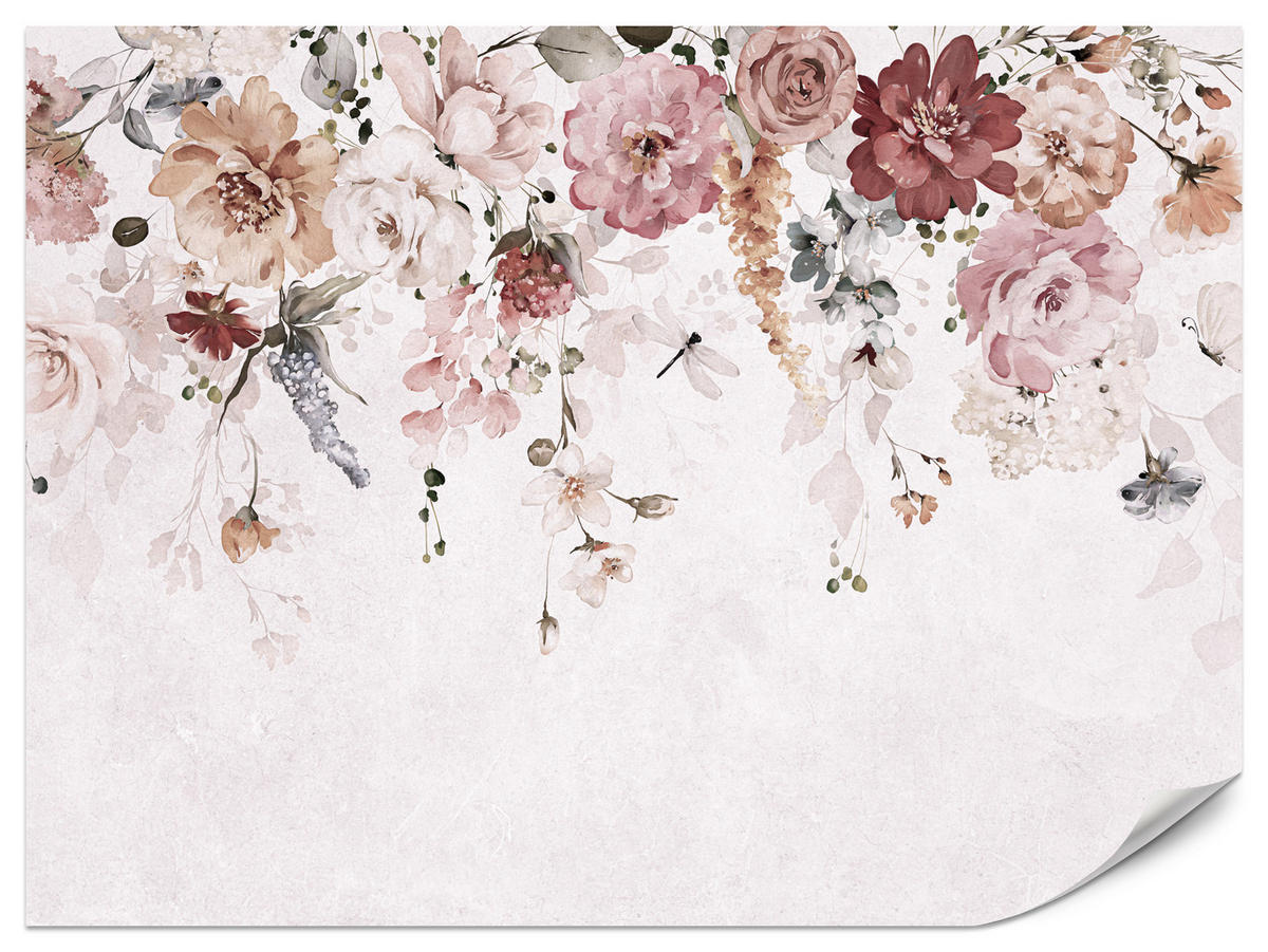 FOTOTAPETE für Schlafzimmer Aquarell Bunte Blumen Ranken Blätter 400x280 - Rot/Rosa, Papier (400/280cm) - Muralo