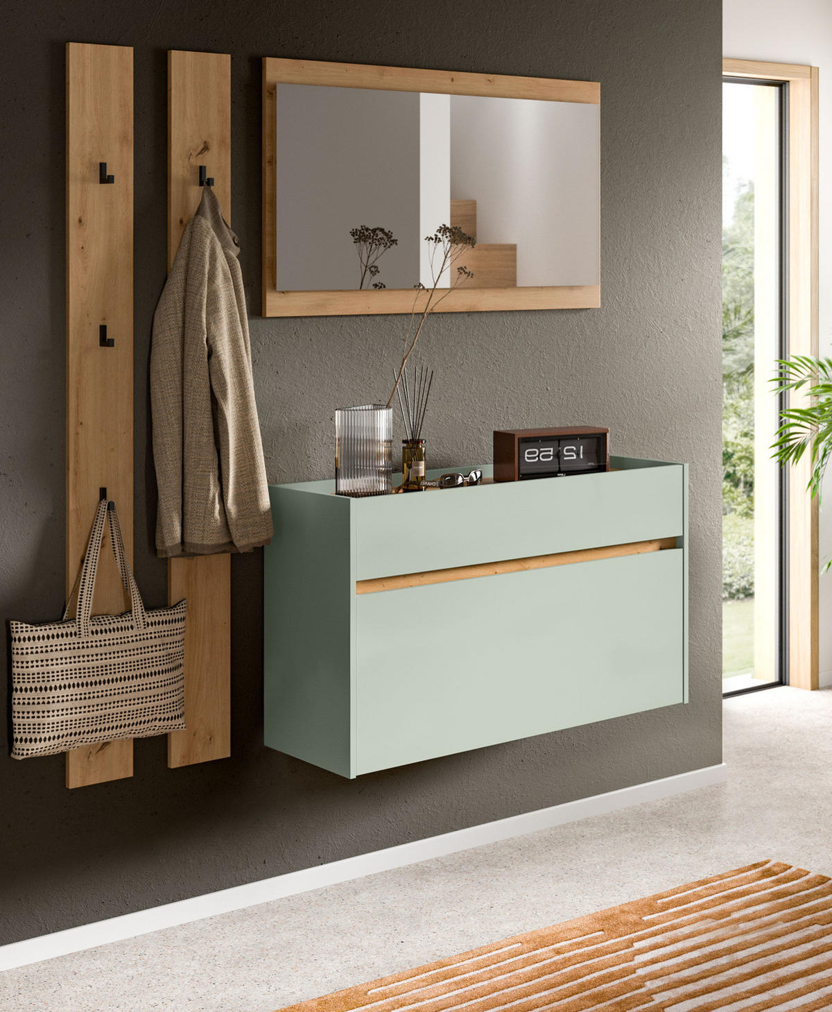 GARDEROBEN-SET Salbei grün, Eiche Artisan 4-teilig 172 cm, Garderobenmöbel hängend - Salbeigrün/Eiche Artisan, Glas/Holzwerkstoff (172/197/32cm) - Inn.Furn