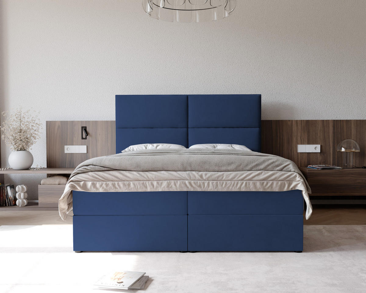 BOXBETT ORFEO 200/200 cm mit Matratze und Topper, Marineblau - Dunkelblau, Textil (200/200cm) - Idohome