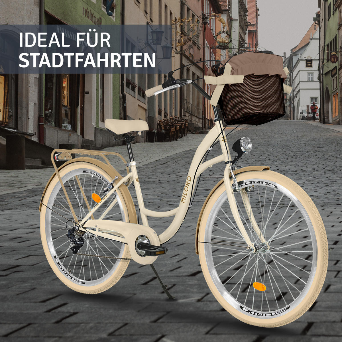 CITY-FAHRRAD Milord mit Metallkorb, 28 Zoll, Creme-Braun, 7-Gang - Creme/Braun, Metall (46cm) - Milordbikes