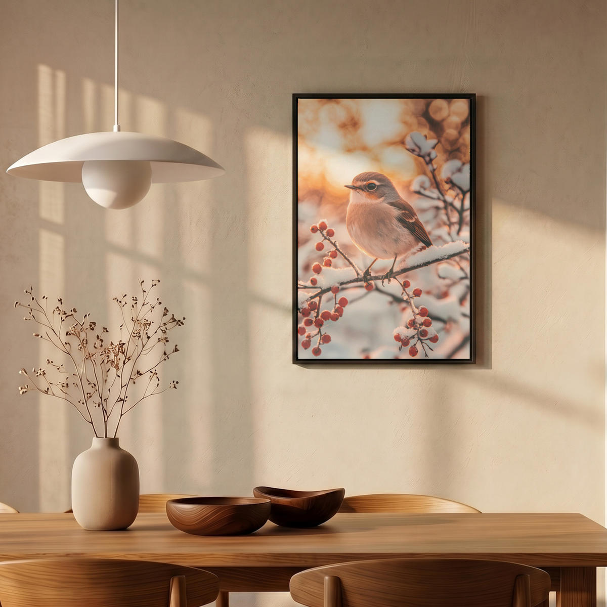 LEINWAND Bilder mit Rahmen - Vogel - Zweig - Winter - Tiere - Schnee - 40x60 - Bernsteinfarben, Textil (40/60cm) - MuchoWow