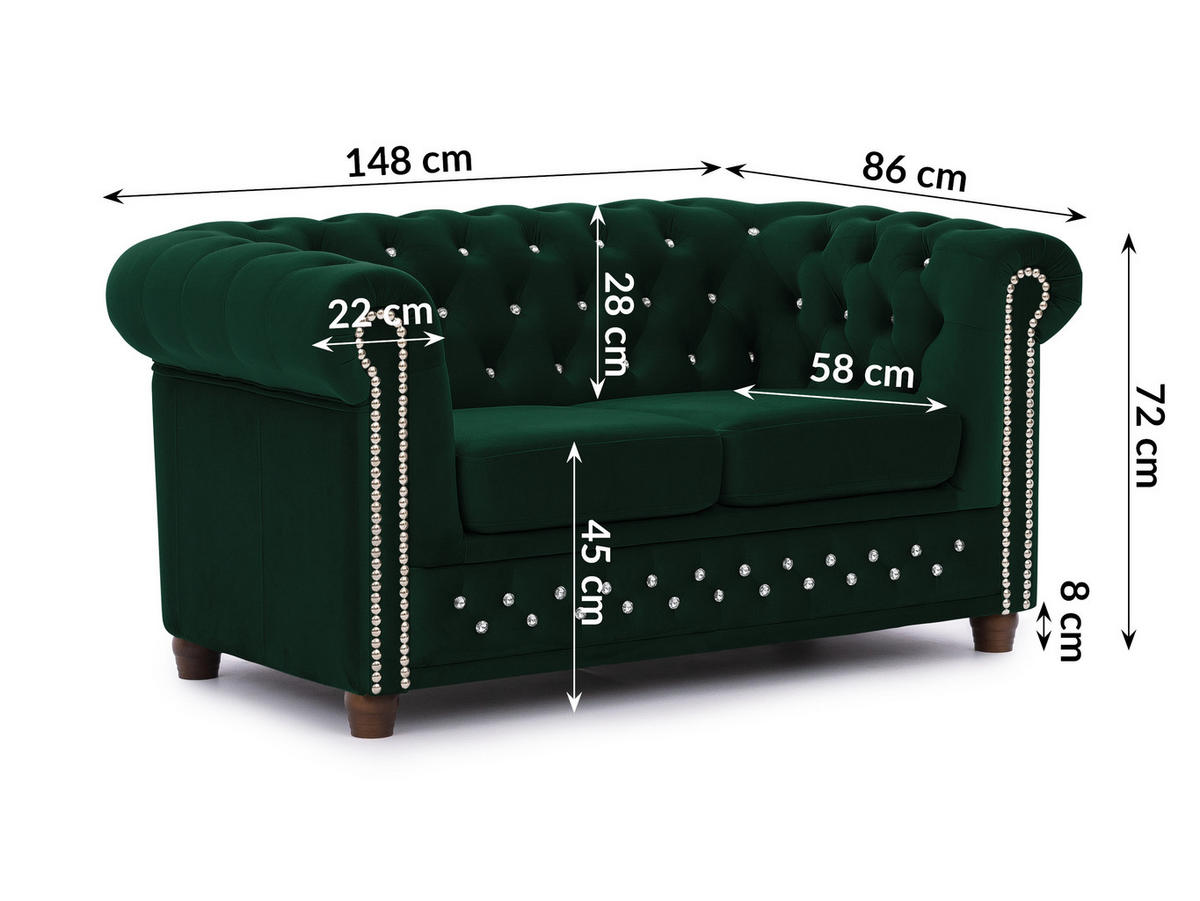 CHESTERFIELD-SOFA 2-sitzer Cleo Blink Flasche Grün Samt mit Kristallsteppung und braunen Massivholzfüßen - Braun/Grün, Holz/Textil (148/72/86cm) - S-Style Möbel