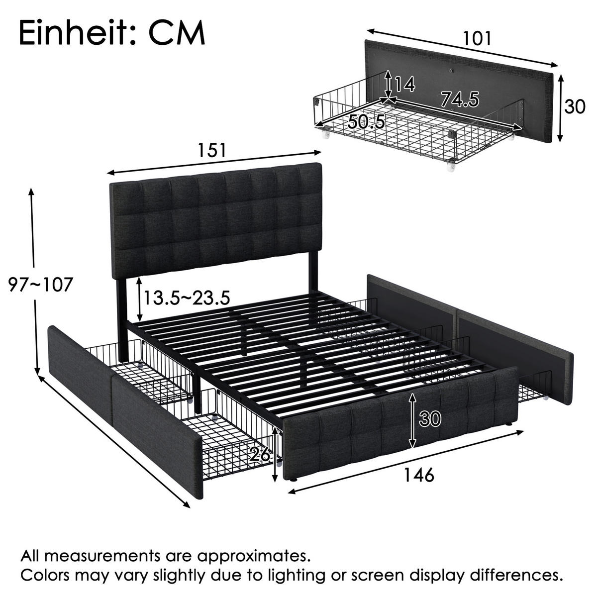 POLSTERBETT 140/200 cm Schwarz aus Leinen mit 4 Schubladen - Schwarz, Textil (140/200cm) - OKMYHOME