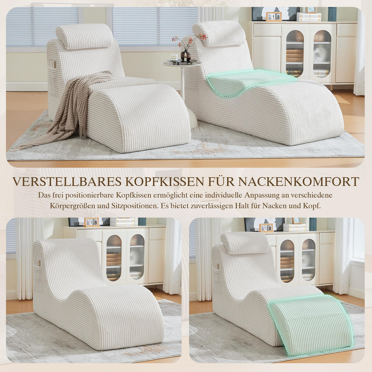 RELAXSESSEL 160/66/90 cm Beige aus Cord mit Seitentasche und Sitzkissen - Beige, Textil (66/90/160cm) - OKWISH