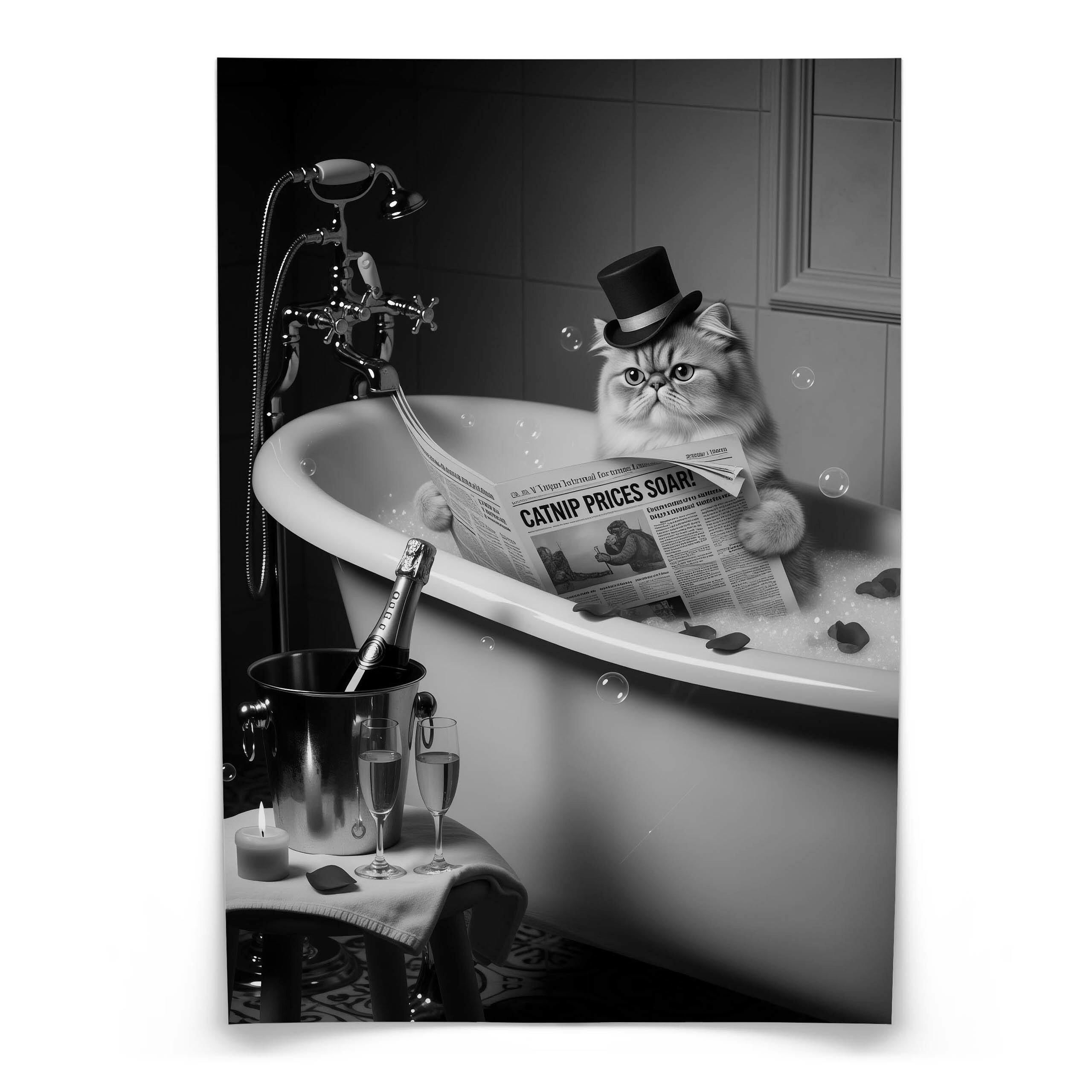POSTER für Badezimmer WC KATZE in Badewanne Zeitung Abstraktion 30x40cm - Schwarz/Weiß, Papier (30/40/1cm) - Muralo