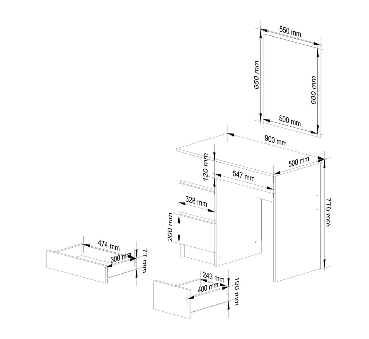 MĂSUȚĂ de machiaj cu oglindă - alb, compozit lemnos (90/142/50cm) - RAUMHIRSCH FURNITURE