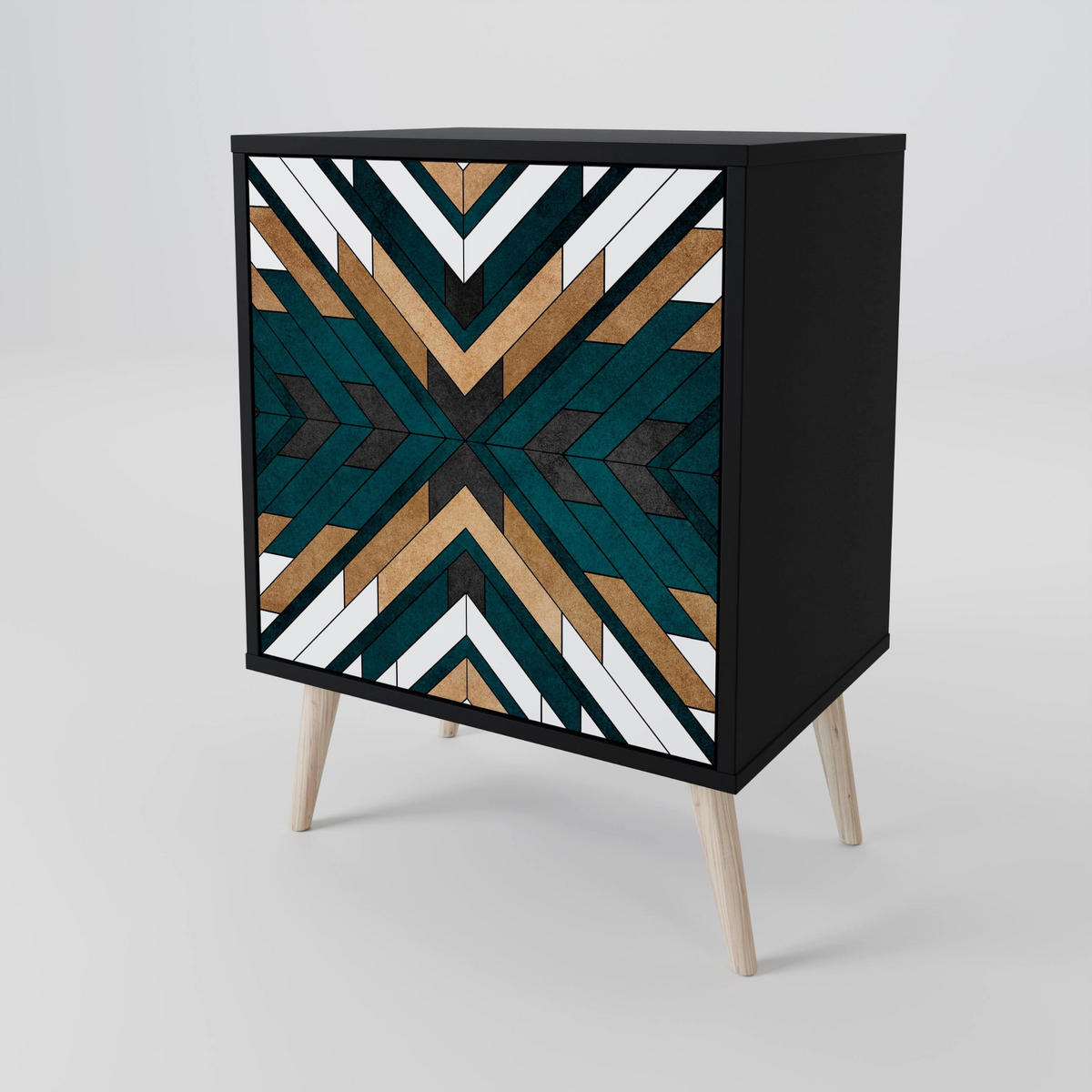 SIDEBOARD ARTISTIC GEOMETRY, Schwarz, 57,5x42x67,5 cm, Schwarze Metall-Rahmenfüße - Multicolor/Schwarz, Holzwerkstoff/Metall (57.5/67.5/42cm) - SpaceRebels