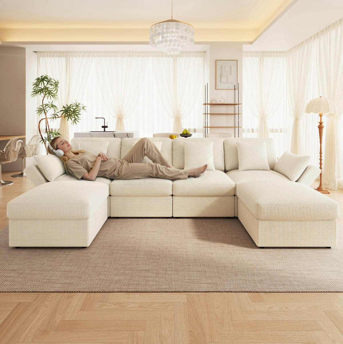 ECKSOFA 290/159,5/89 cm beige aus Cord mit verstellbaren Armlehnen und Hockern - Beige, Textil (159.5/290cm) - OKWISH