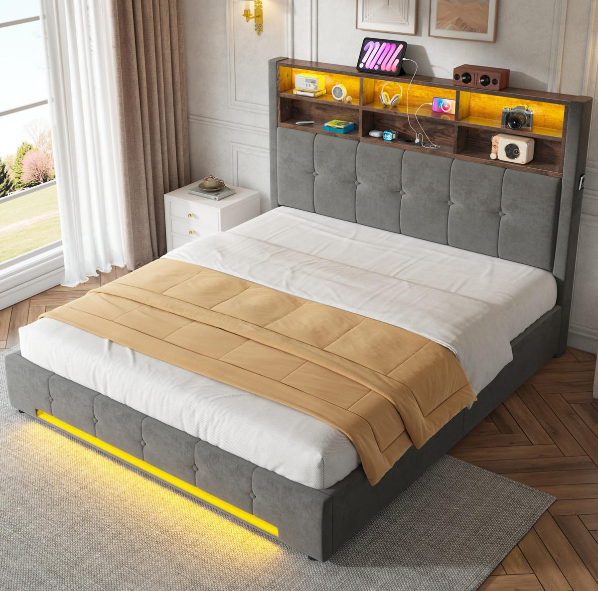 ČALOUNĚNÁ postel 160/200 cm s LED osvětlením, USB-C a hydraulickým úložným prostorem, tmavě šedá - tmavě šedá, kov (160/200cm) - Redom