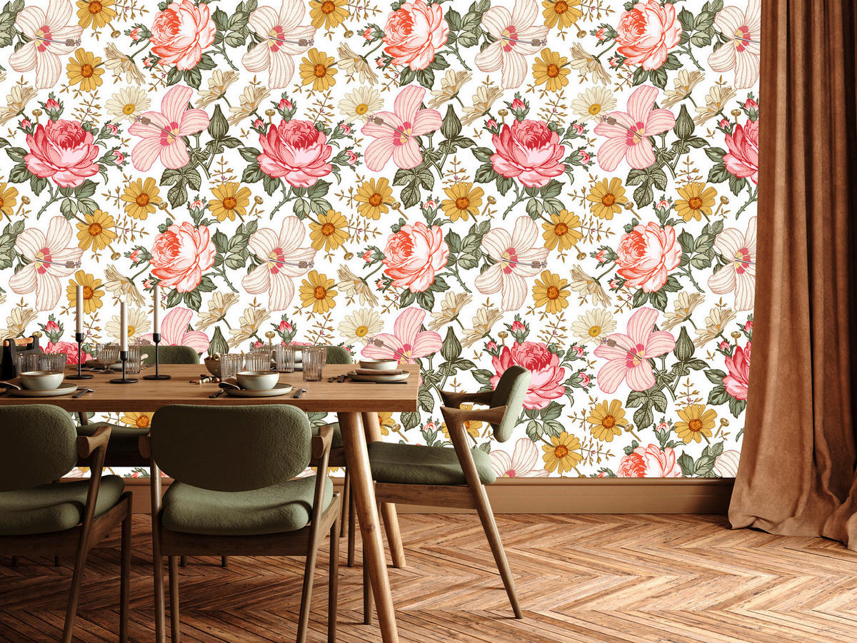 VLIESTAPETE Tropische Rosen und Blätter – Rosa, Grün, Weiß – 50x1000 cm - Rosa/Weiß, Papier (50/1000cm) - Muralo
