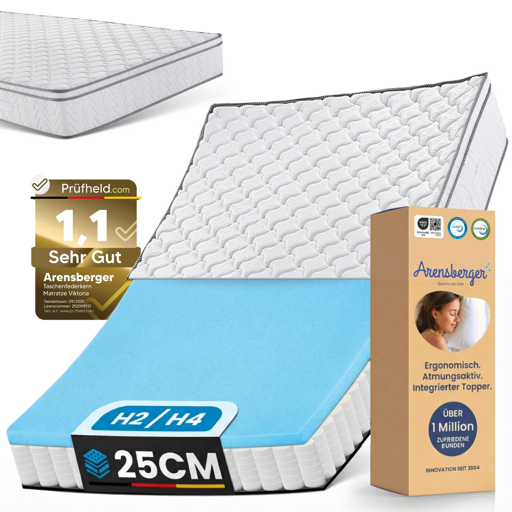 TASCHENFEDERKERNMATRATZE VIKTORIA Höhe 25cm 180x200cm - Weiß, Textil/Metall (180/200cm) - Arensberger