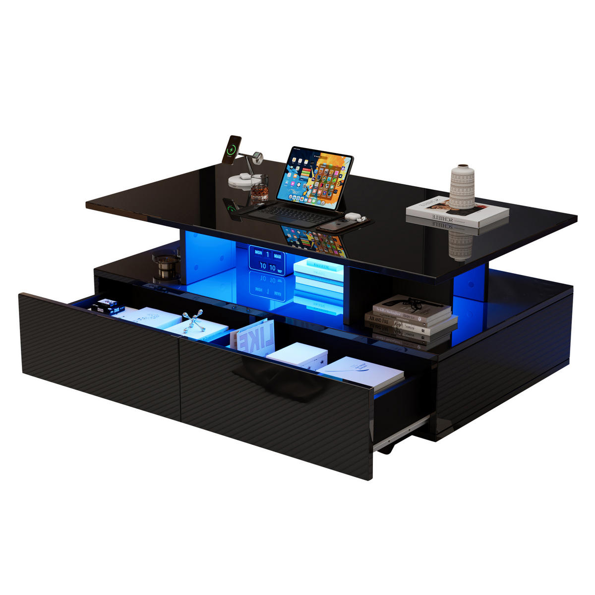 COUCHTISCH, Hochglanz-Spanplatte, 2 Schubladen, integrierte LED, 90/55/41 cm, Schwarz - Schwarz, Holzwerkstoff (90/55/41cm) - Redom