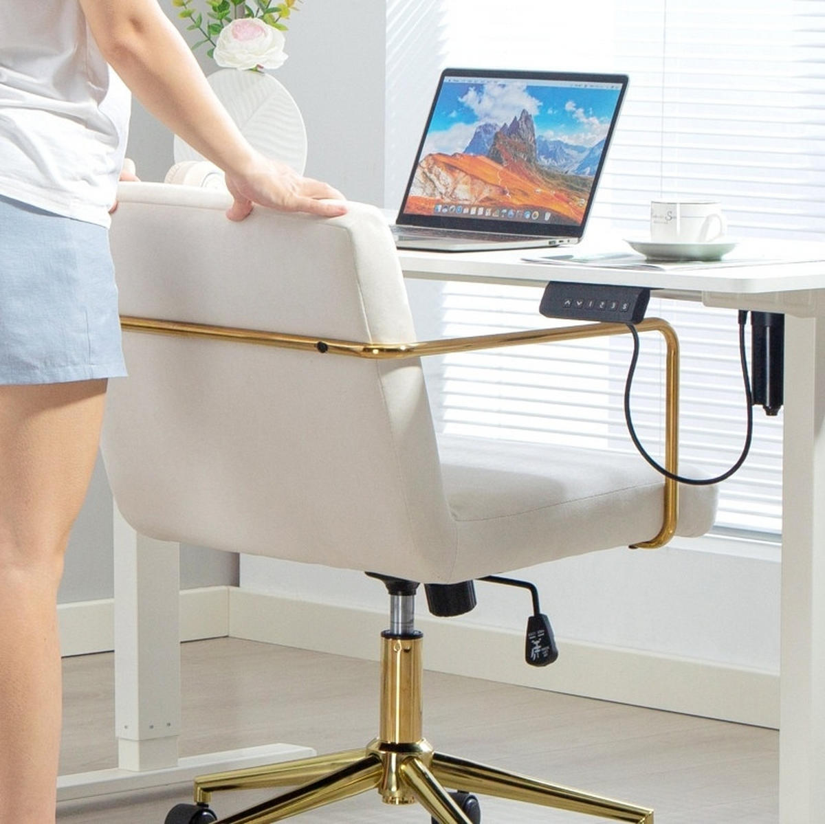 DREHSTUHL 57/64/80-90 cm cremeweiß aus Polyester höhenverstellbar - Creme, Kunststoff (57/90/64cm) - OKWISH