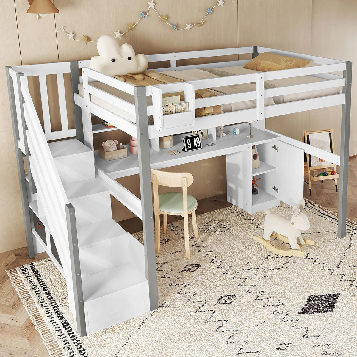 HOCHBETT aus Massivholz und MDF 90x200 cm in Weiß/Grau mit Schreibtisch - Weiß, Holz (90/200cm) - Modfu