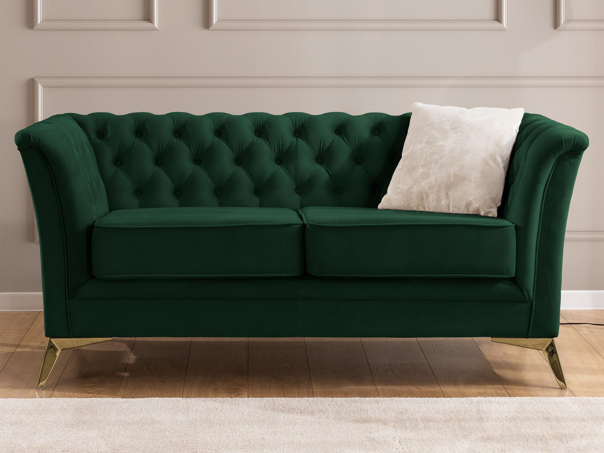 SITZGARNITUR 2+1 Chesterfield Whitby Flaschengrün Samt mit goldenen Füßen - Dunkelgrün/Goldfarben, Holz/Textil (175/78/82cm) - S-Style Möbel