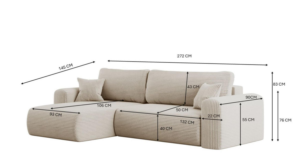 ECKSOFA Mit Schlaffunktion und Stauraum für Bettzeug Capri Stoff Poso Ecru Links - Ecru, Holz/Textil (145/272cm) - Kaiser Möbel