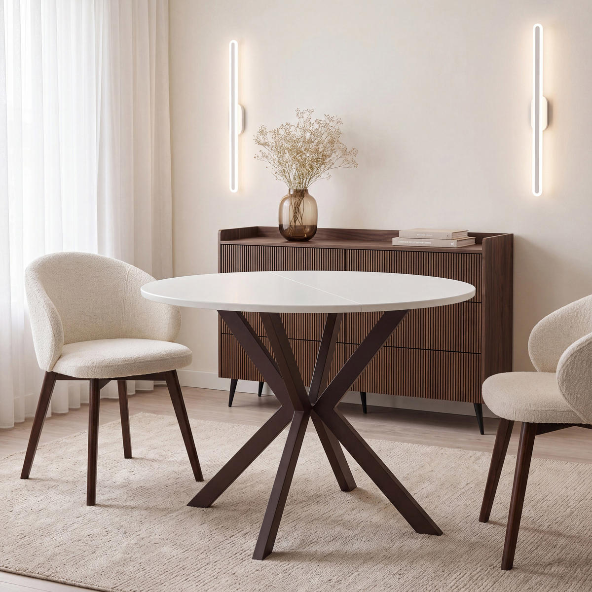 ESSTISCH Valio rund oval ausziehbar verlängerbar mit braunen Metallbeinen, Weiß 100-140/100/76 cm - Braun/Weiß, Holzwerkstoff/Metall (100/140/76cm) - WFL GROUP