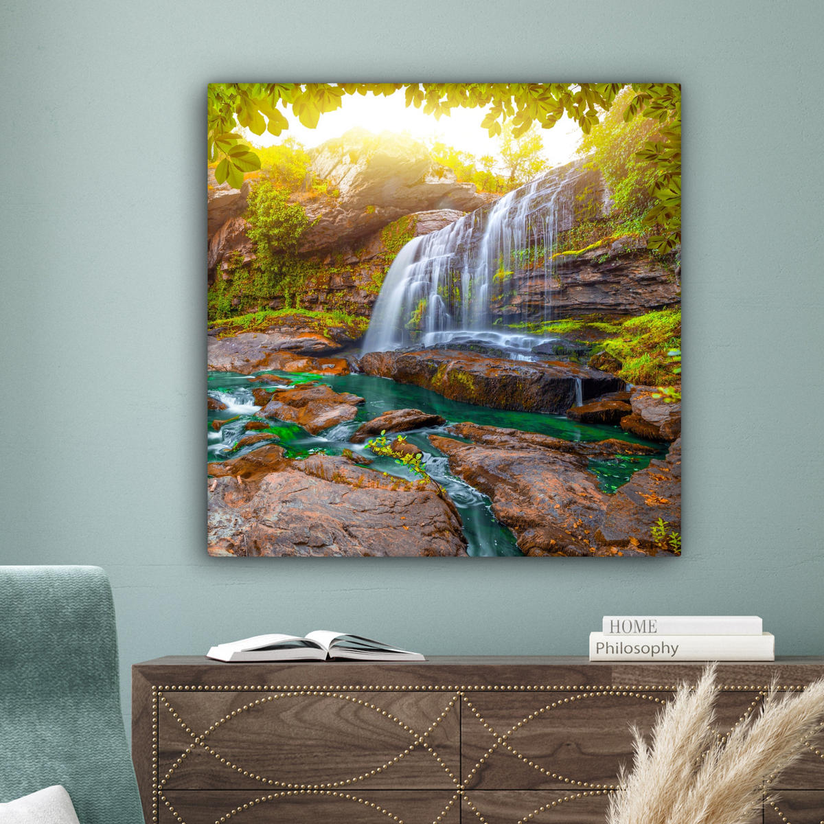LEINWANDBILD Natur - Wasserfall - Pflanzen - Bäume - Sonne 90x90 cm - Olivgrün, Textil (90/90cm) - MuchoWow