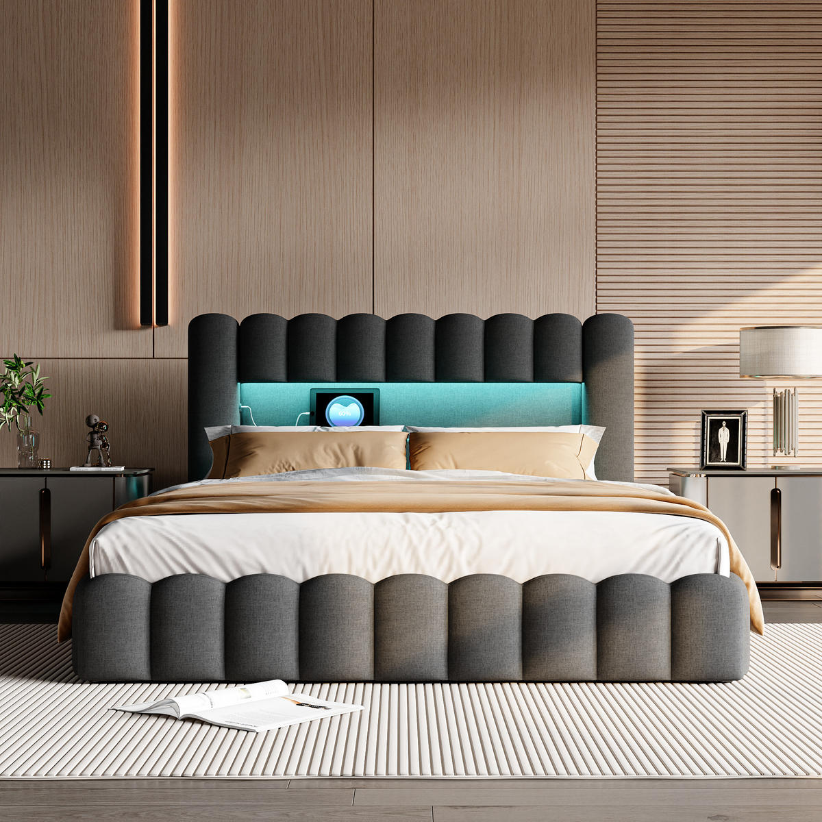 STAURAUMBETT 160x200 cm Doppelbett, mit USB-Anschluss und LED-Beleuchtung, Leinenstoff, Grau - Grau, Holz (160/200cm) - BRILVERDE
