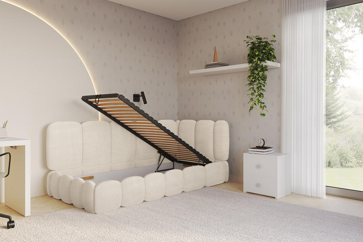 EINZELLBETT Jugendbett mit Bettkasten und Matratze H3/H4, Links - AVRY 80x200 Beige - Creme, Holzwerkstoff/Textil (80/200cm) - ALTDECOR