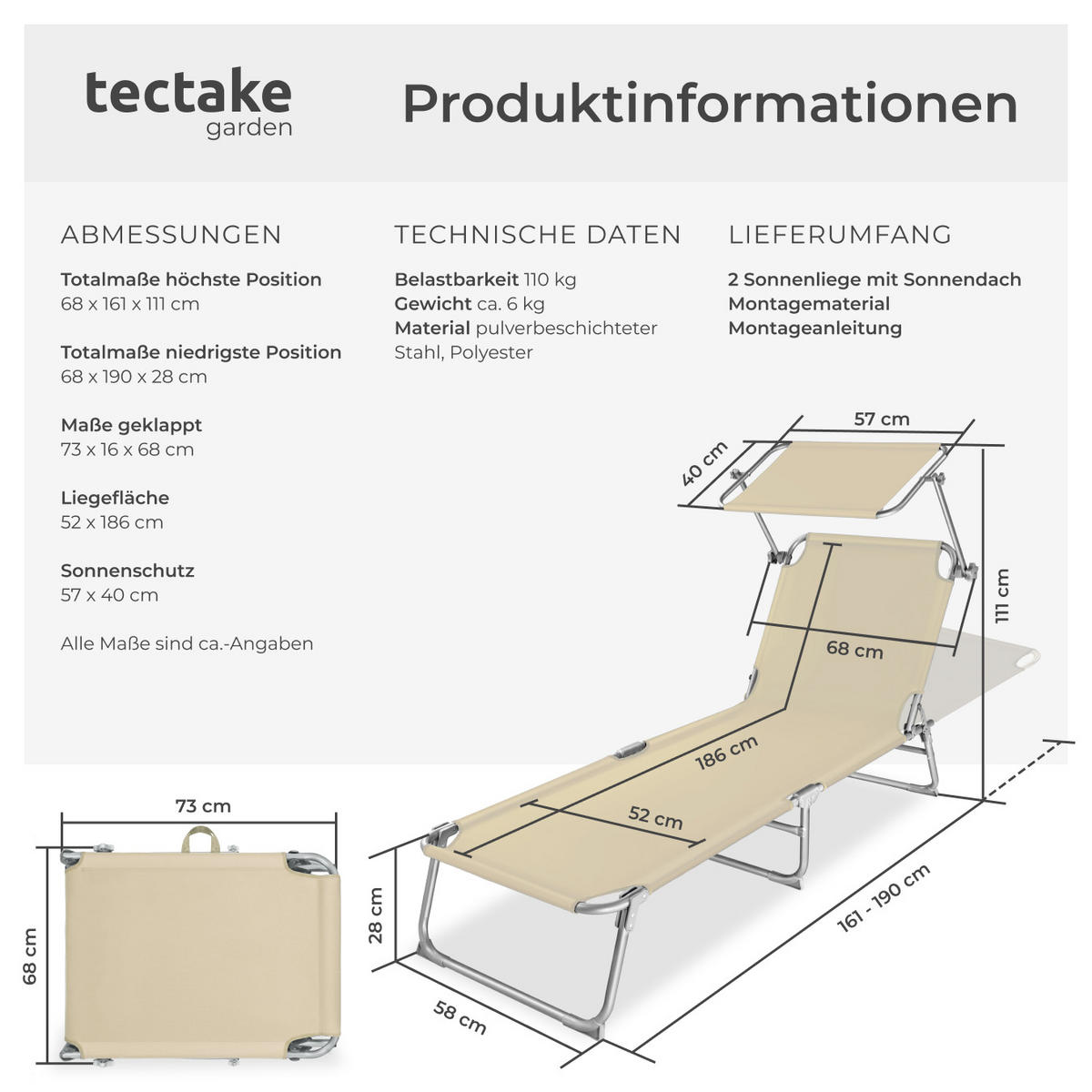 GARTENLIEGE 2er Set, 190 x 68 x 28 cm,beige - Beige, Kunststoff (68/28/190cm) - tectake