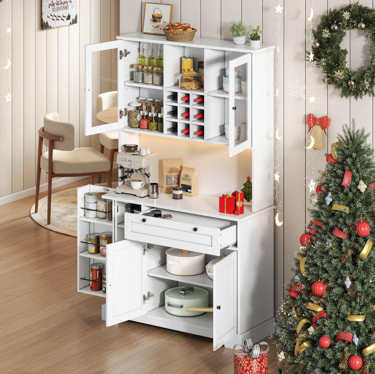 BUFFETSCHRANK 105/40/180 cm mit LED-Beleuchtung, Steckdosenleiste und verstellbaren Einlegeböden, Weiß - Weiß, Holzwerkstoff (105/180/40cm) - Redom