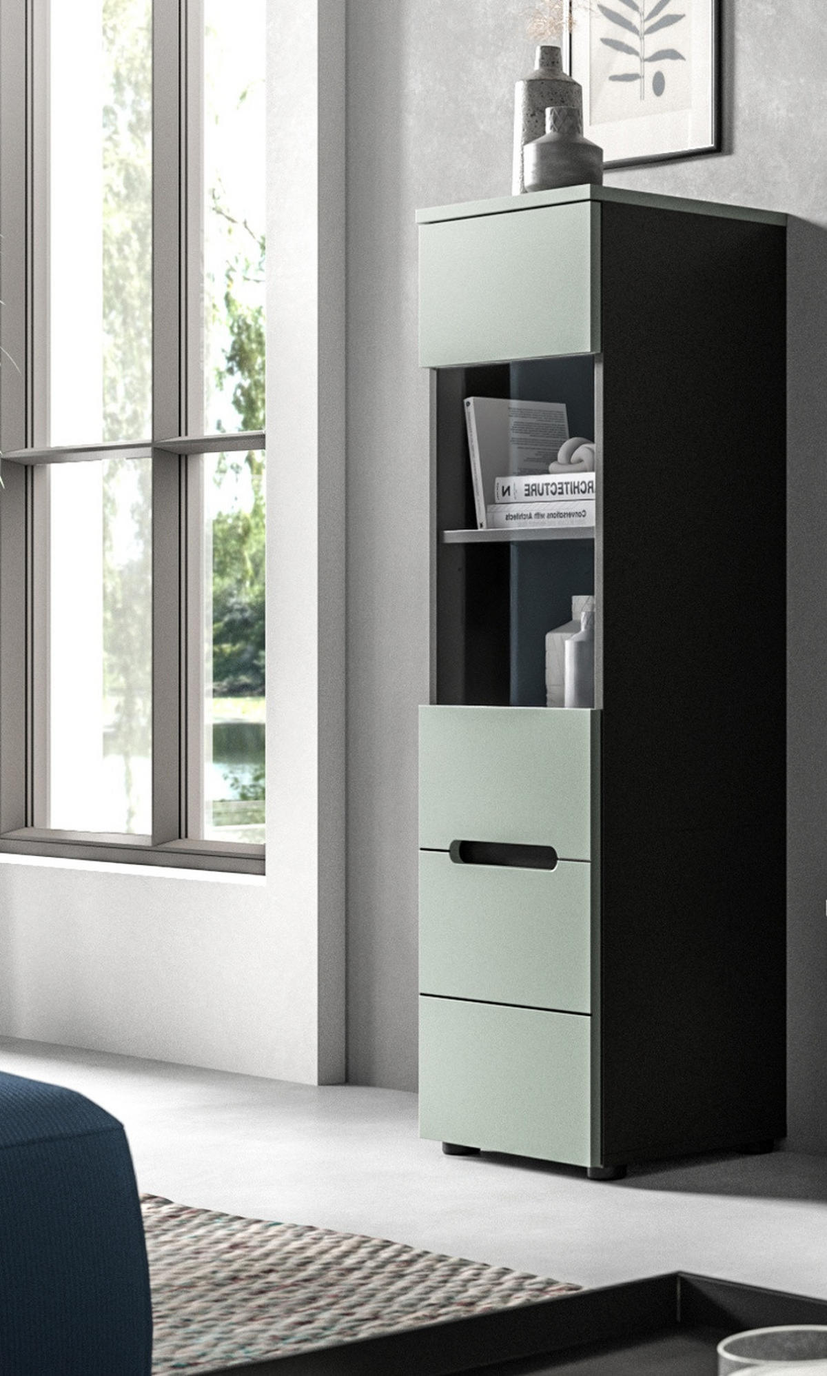 VITRINE Salbei Grün, Basalt Grau hängend / stehend 36 cm mit Soft-Close - Salbeigrün/Schwarz, Glas/Holzwerkstoff (36/125/33cm) - Inn.Furn