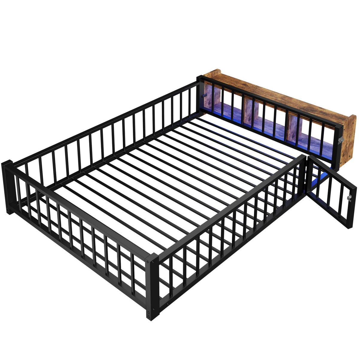 BETT mit Schutzgeländer und LED-Beleuchtung 140x200 cm Metall Schwarz - Schwarz, Metall (140/200cm) - Beauniv