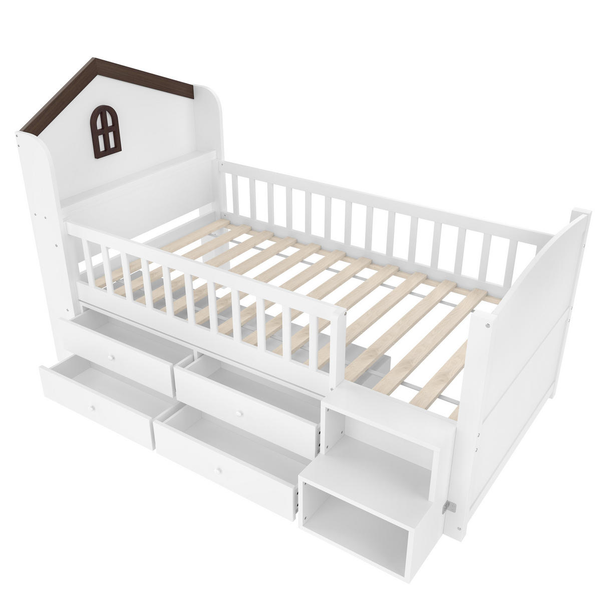 HALBHOHES Bett 90/200 cm in Weiß aus Kiefernholz und MDF mit LED-Beleuchtung und Stauraum - Weiß, Holz (90/200cm) - OKMYHOME