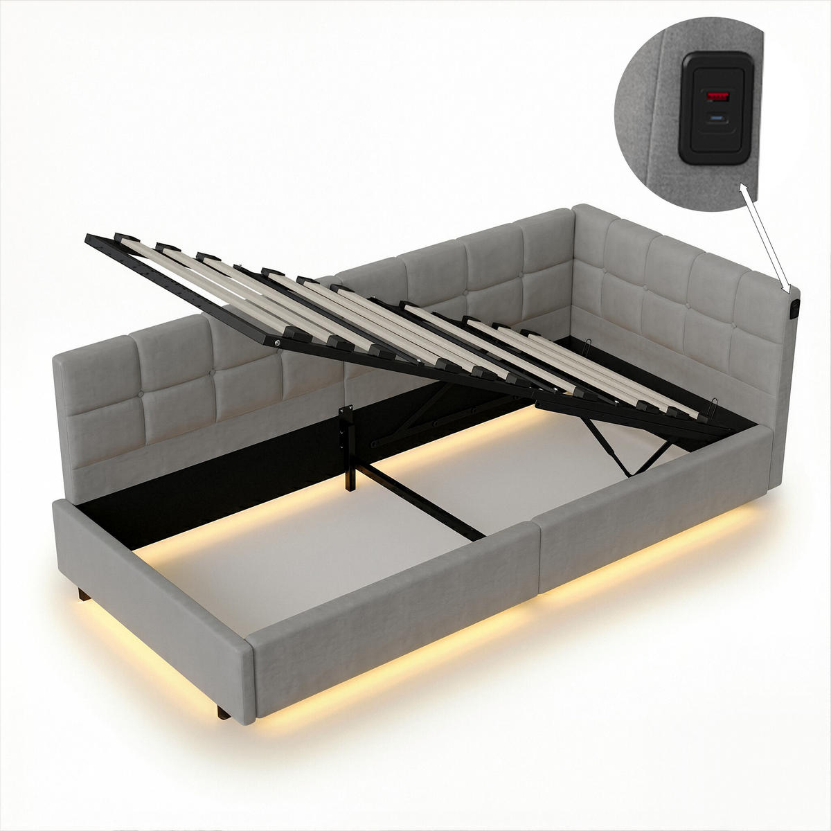 POLSTERBETT Modern 90/200 cm mit Bettkasten & LED-Schwebeeffekt Samtoptik Grau - Grau, Textil (90/200cm) - Creahappy