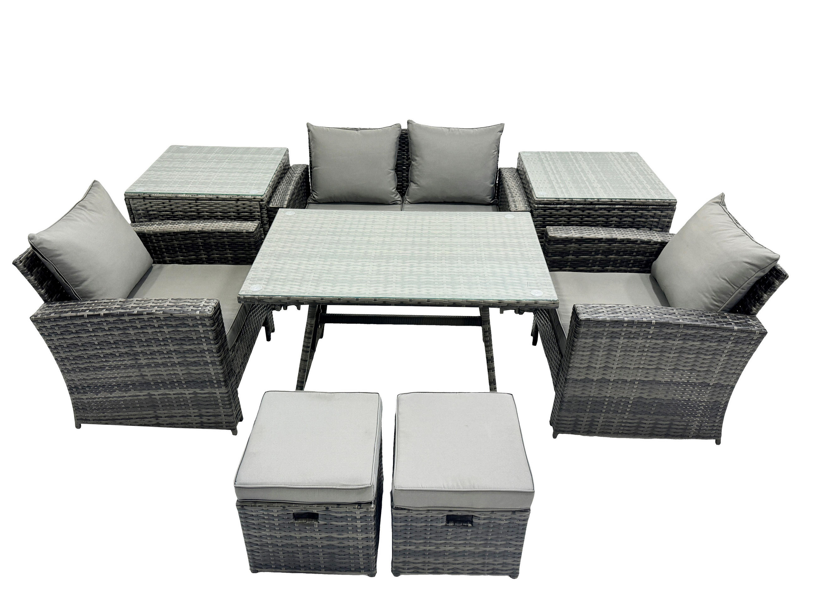GARTENMÖBELSET mit ESSTISCH,HOCHLEHNER-SOFA Polyrattan Dunkelgrauer Mix 6-Sitzer - Dunkelgrau/Grau, Glas/Kunststoff - Fimous