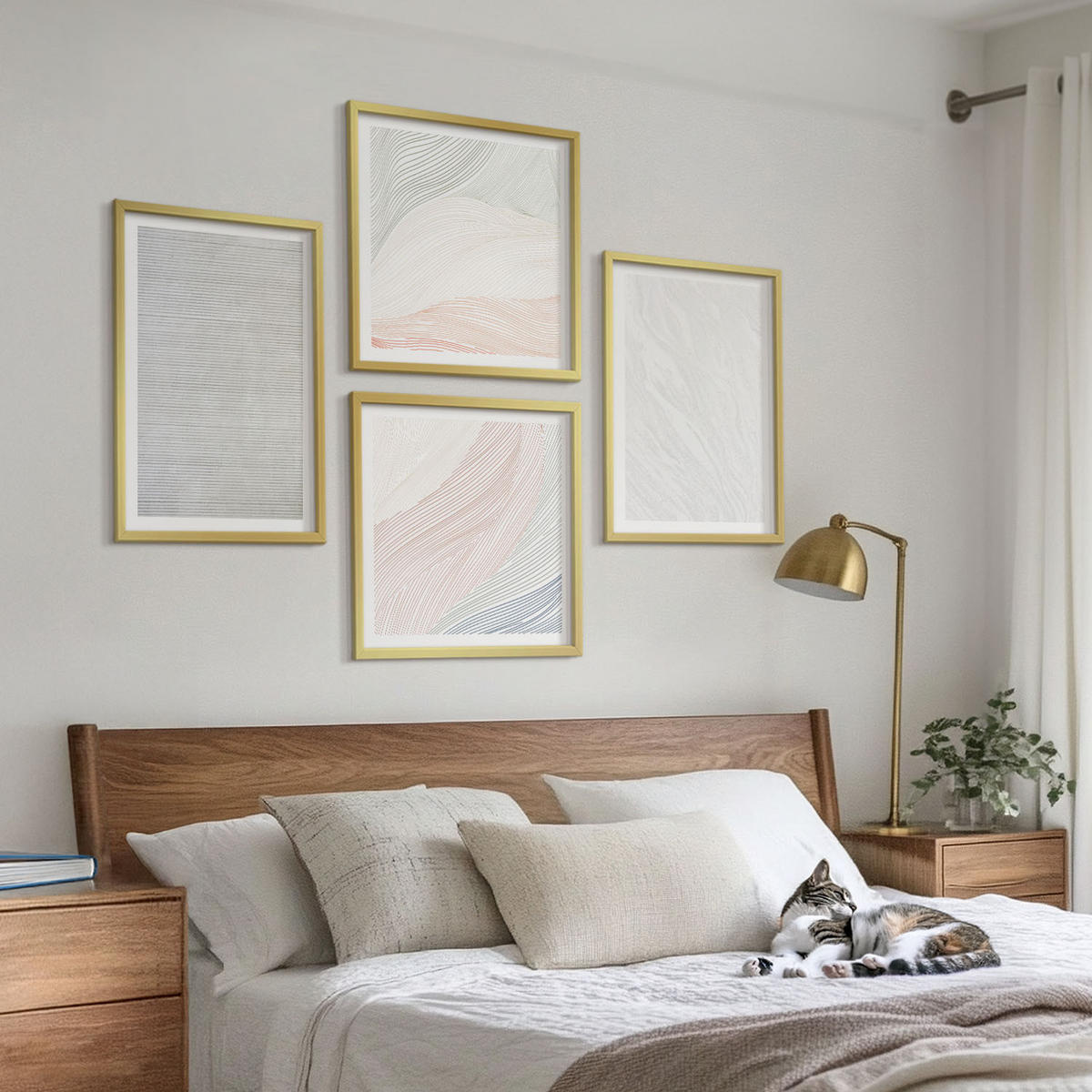 WANDBILDER 4er Set - 50x50 cm & 40x60 cm Goldrahmen - Leuchtende Strukturen, Sandmuster - Goldfarben, Kunststoff (50/50cm) - ArtPrintCave