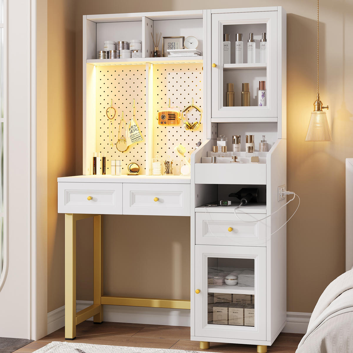 SCHMINKTISCH in Weiß mit LED-Beleuchtung und Glasvitrine für Schlafzimmer, B100/T45/H156 cm - Goldfarben/Weiß, Holzwerkstoff/Metall (100/156/45cm) - STILVORA
