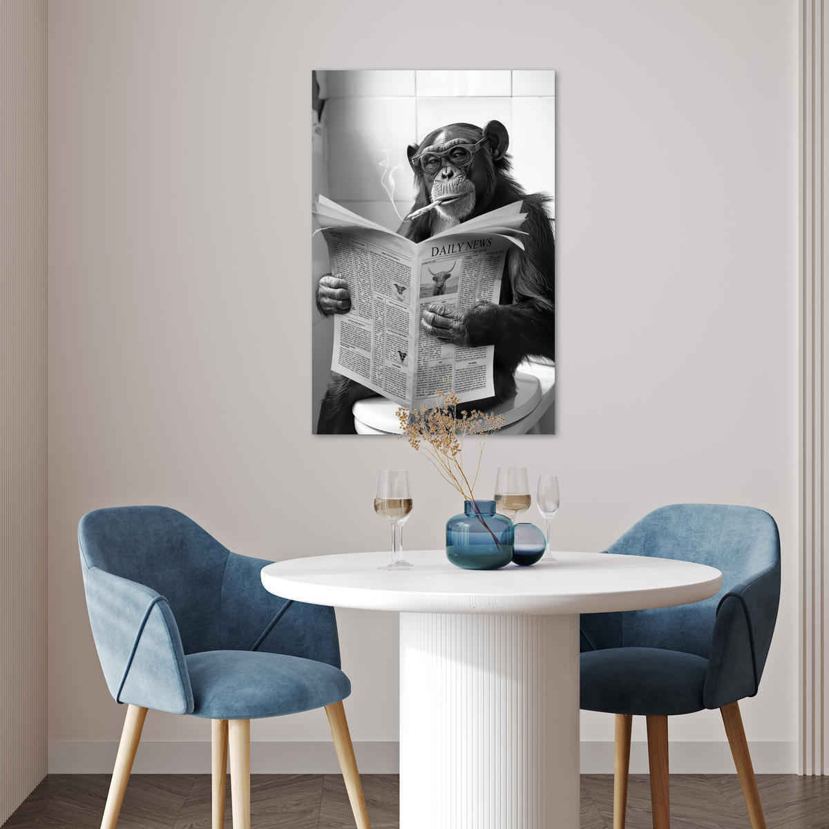 POSTER Affe - WC - Zeitung - Schwarz-Weiß - Humor 40x60 cm - Hellgrau, Papier (40/60/0.1cm) - MuchoWow