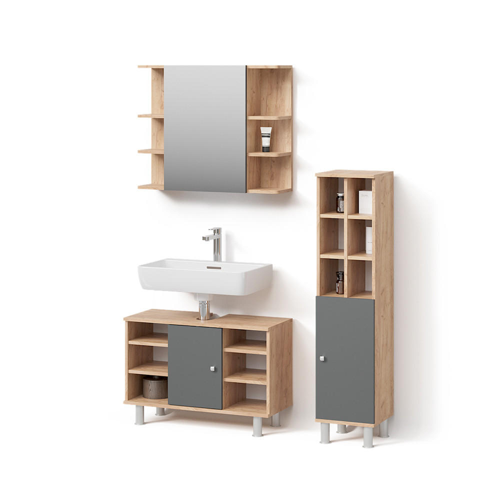 BADMÖBEL-SET Fucino Eiche 3 Teile, mit Midischrank Tür groß - Eichefarben/Braun, Holzwerkstoff (80/54/32cm) - Livinity®