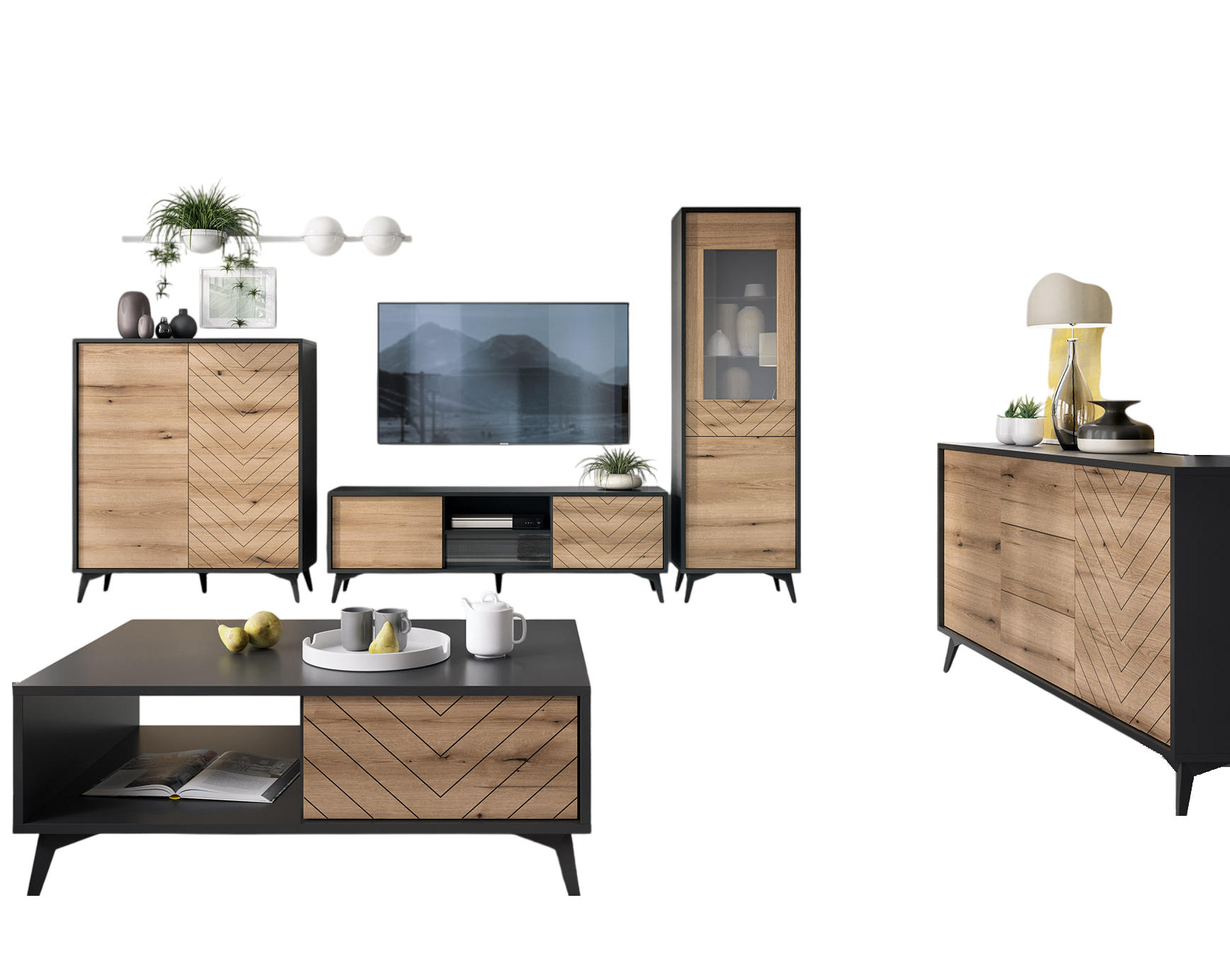 Komodee Wohnwand Eiche Wotan 570x178x39 cm