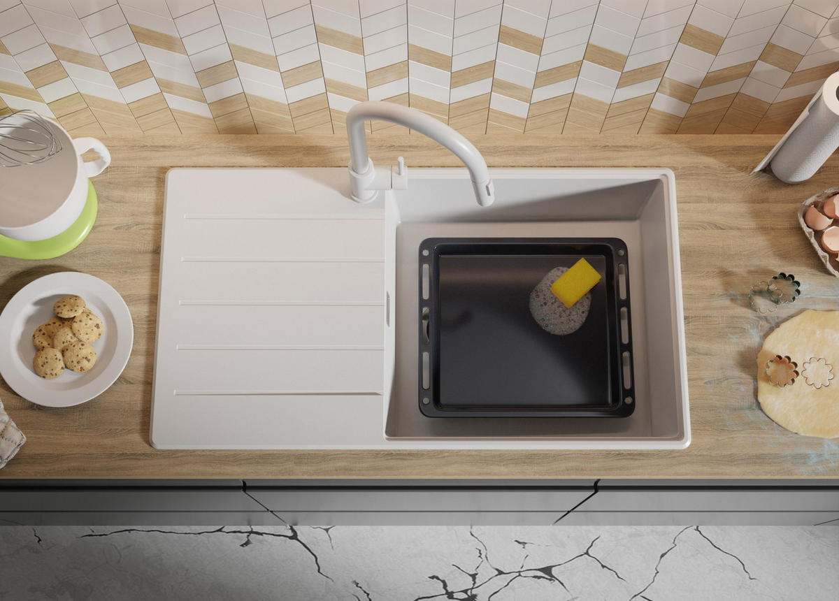 SPÜLBECKEN Kopenhagen, 2-er set Weiß 90/50 cm 1 Becken + Ablauf-Set + Schneidebrett ab 60er Unterschrank - Chromfarben/Beige, Kunststoff (90/20/50cm) - Primagran