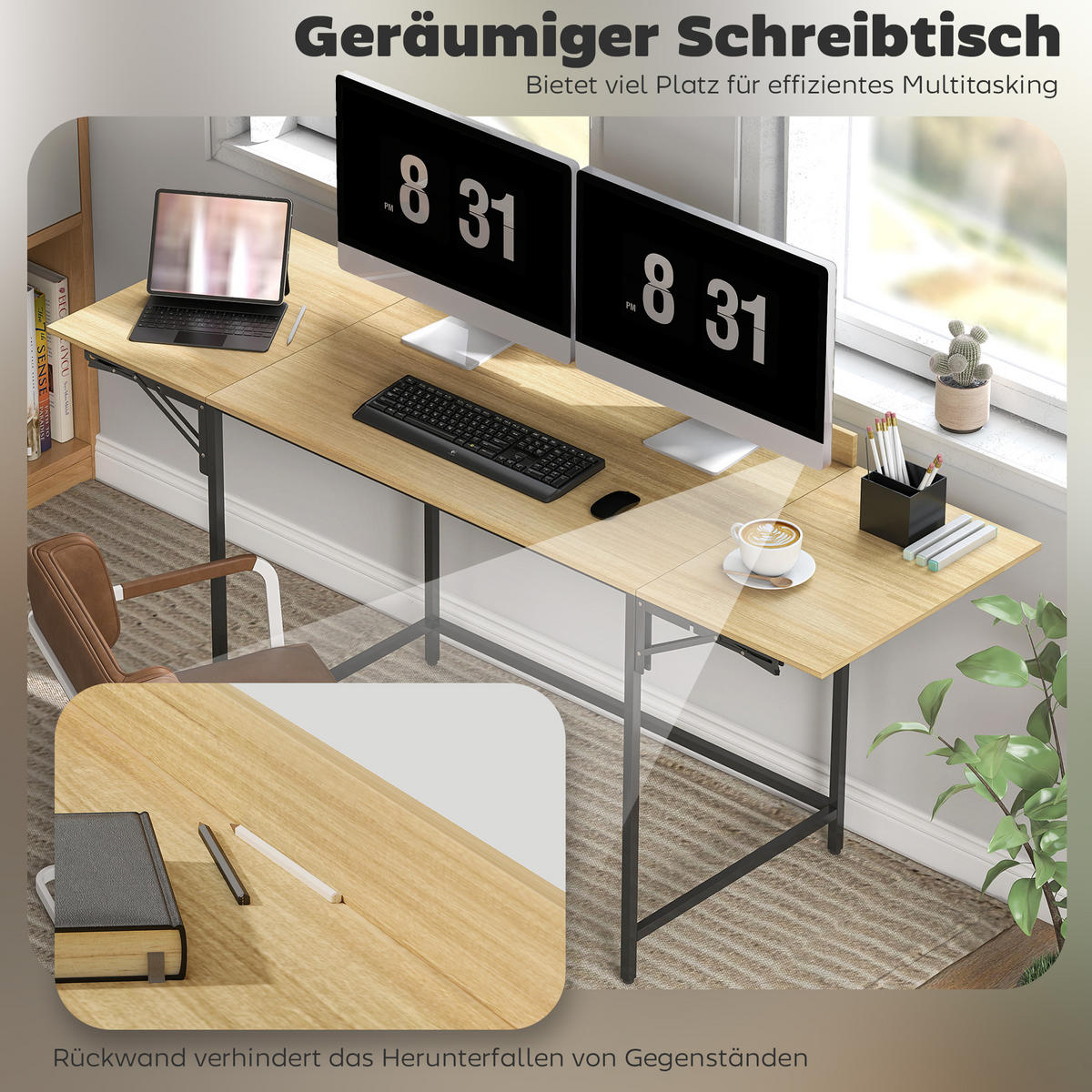 SCHREIBTISCH Klappbar Computertisch Bürotisch mit Modern-Design, Metallgestell - Eichefarben/Schwarz, Holzwerkstoff/Metall (170/58/78cm) - HOMCOM