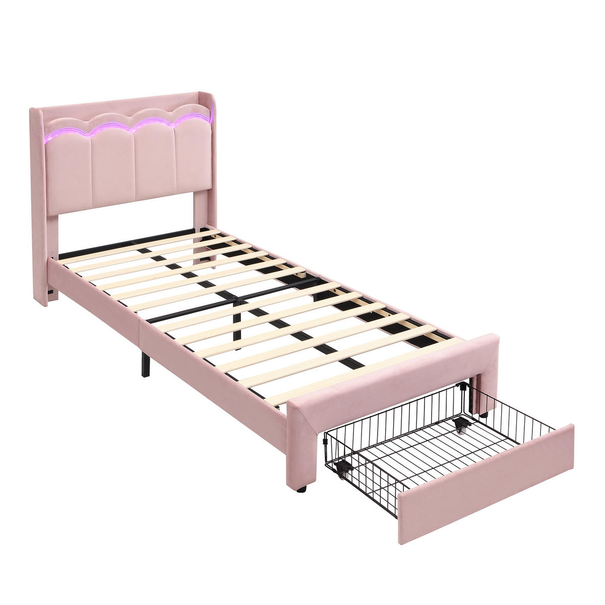 POLSTERBETT 90/200 cm mit LED und Schublade, DE-41732, in Rosa - Pink, Holzwerkstoff (90/200cm) - ComfortXL