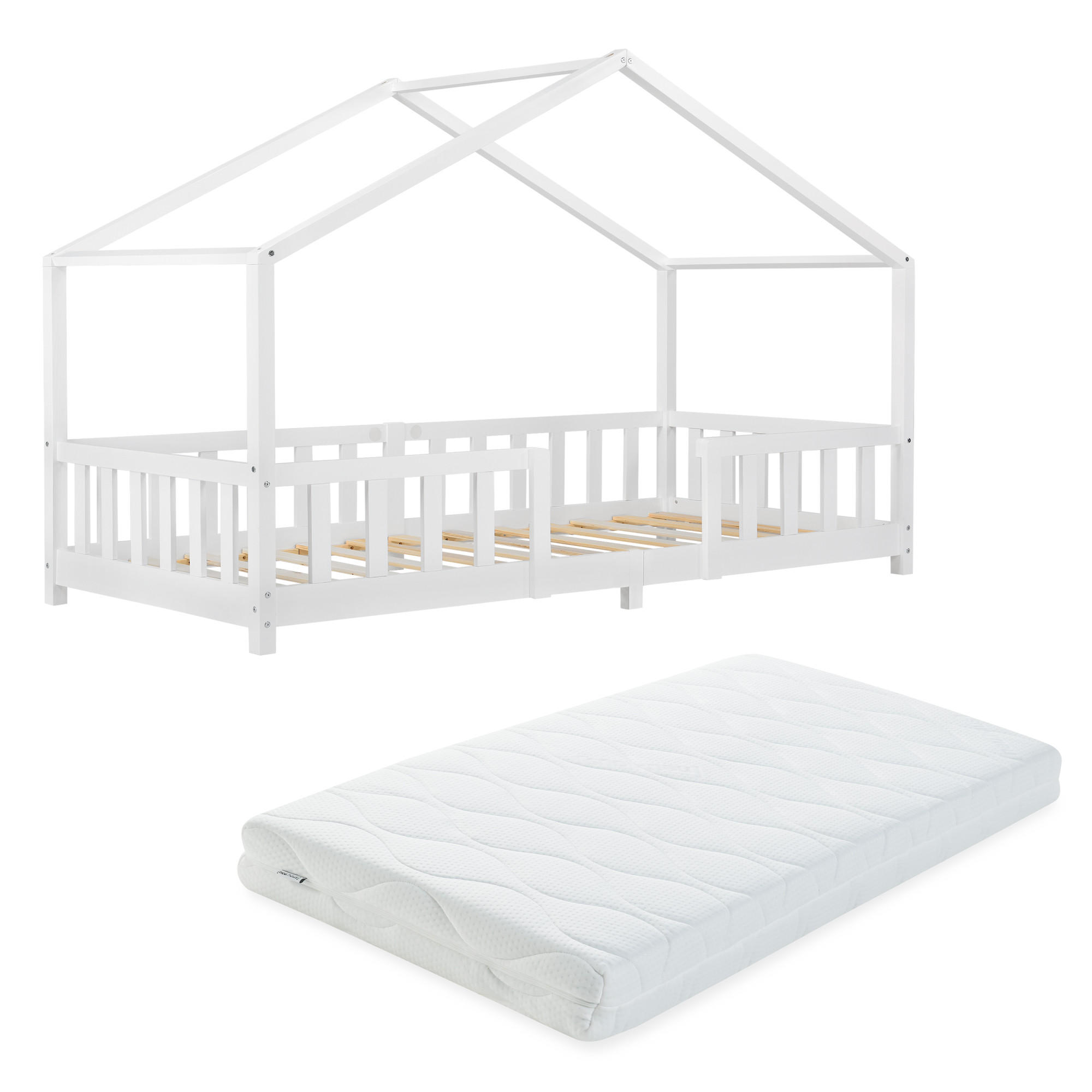 POSTELJA Treviolo z vzmetnico - bela, tekstil/les (90/200cm) - [en.casa]