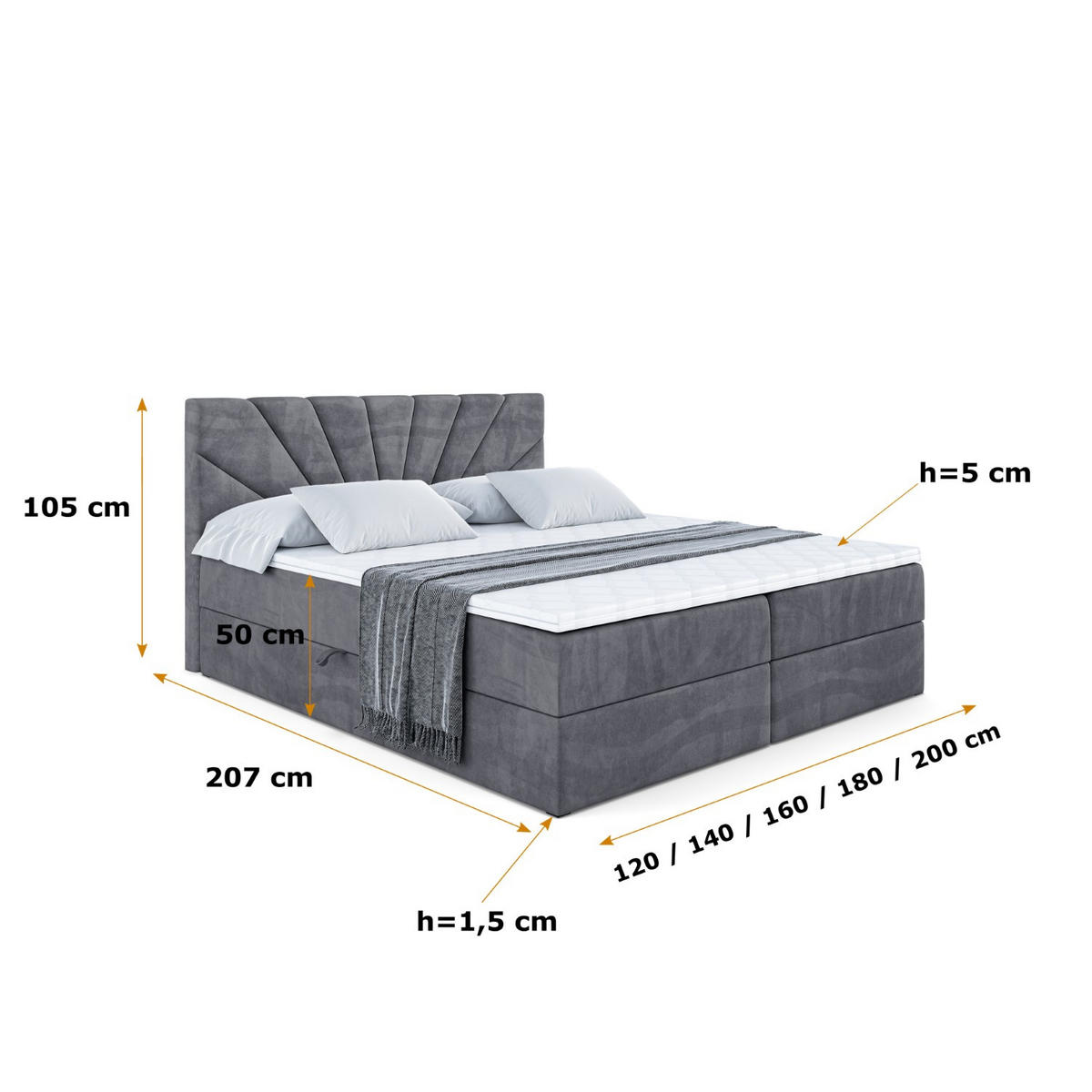 BOXBETT mit Matratze H4 und Lattenrost - MILTIO - 160x200 cm - H4 - Dunkelgrau - Dunkelgrau, Holzwerkstoff (160/200cm) - ALTDECOR