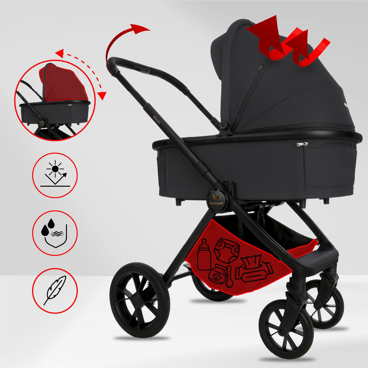 KINDERWAGEN Boldo 3in1 Schwarz Babywanne, Buggy Sportsitz, Babyschale I-Size - Schwarz, Textil/Metall (58/98cm) - BabyLux