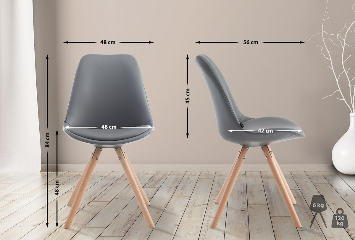 STUHL Lederlook grau - Eukalyptusholzfarben/Grau, Holz/Textil (48/84/56cm) - CLP